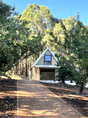 Taking the orchard path from the carpark to the Black Cockatoo Distillery Cellar Door.