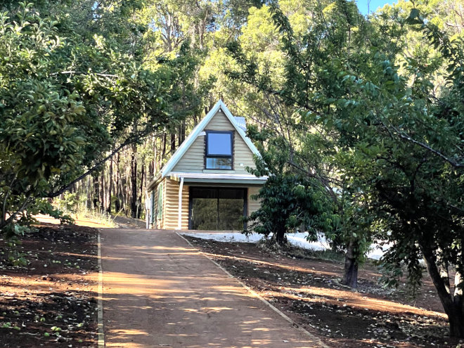 Taking the orchard path from the carpark to the Black Cockatoo Distillery Cellar Door.