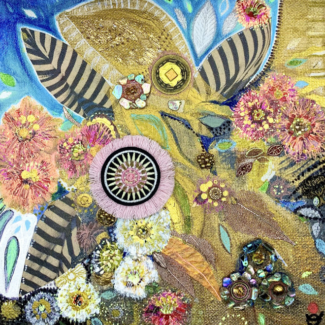 Ode To Joy painting and mixed media by artist Trish Durham.