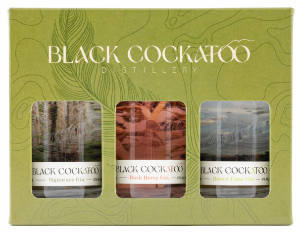 Black Cockatoo Distillery gin gift pack with Signature, Bush Berry and Desert Lime gin bottles