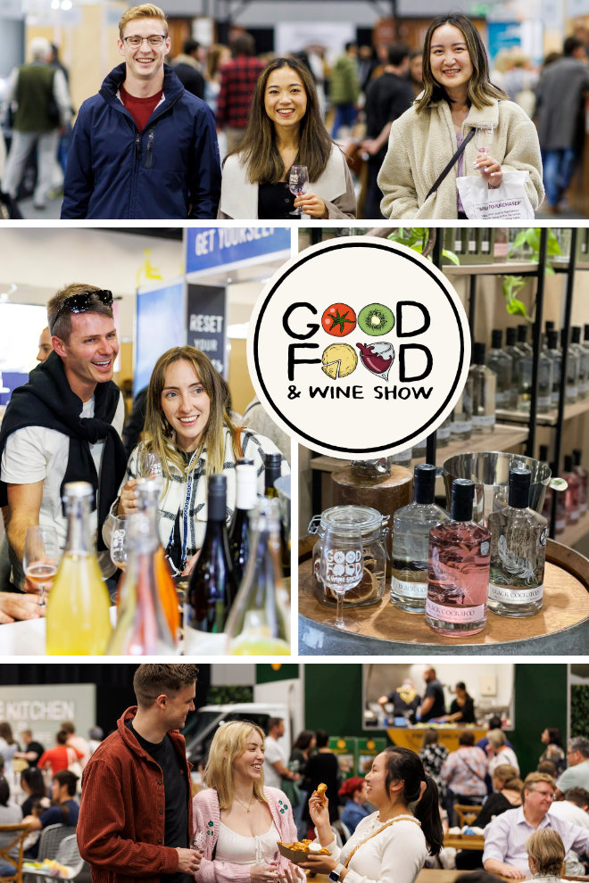 Good Food & Wine Show photo montage, showing Black Cockatoo Distillery gins and happy groups of people at the event.