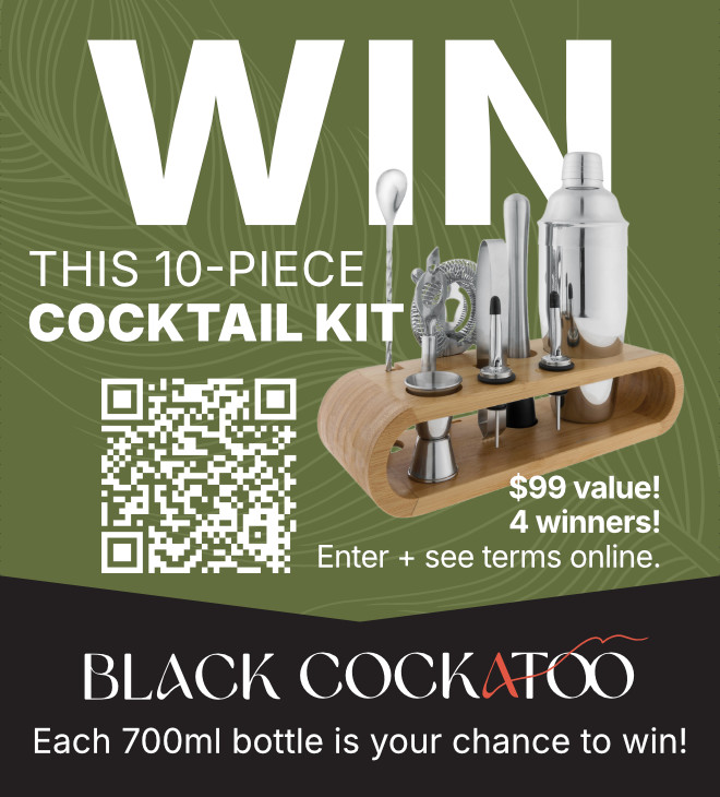 "Win this 10-piece cocktail kit" competition shelf talker with Black Cockatoo Distillery gin.