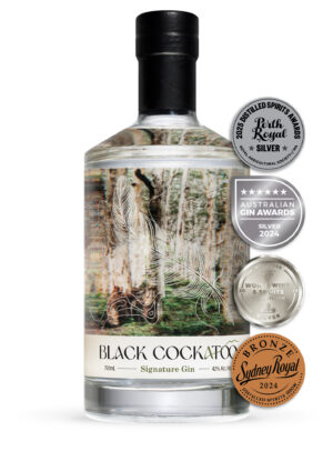 Black Cockatoo Distillery Signature Gin with 4 award medals -- 3 silver and 1 bronze.