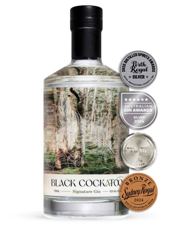 Black Cockatoo Distillery Signature Gin with 4 award medals -- 3 silver and 1 bronze.